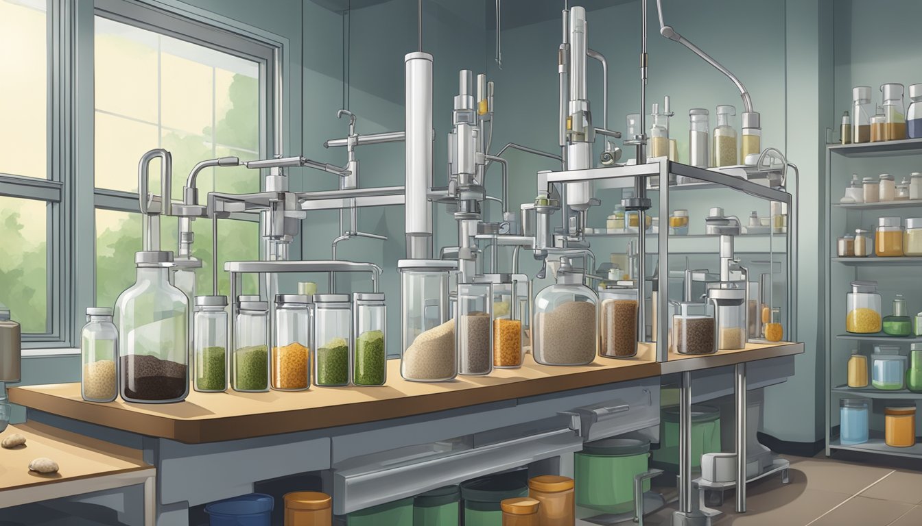 A laboratory setup with various mushroom supplements being tested for quality and purity using scientific equipment and tools