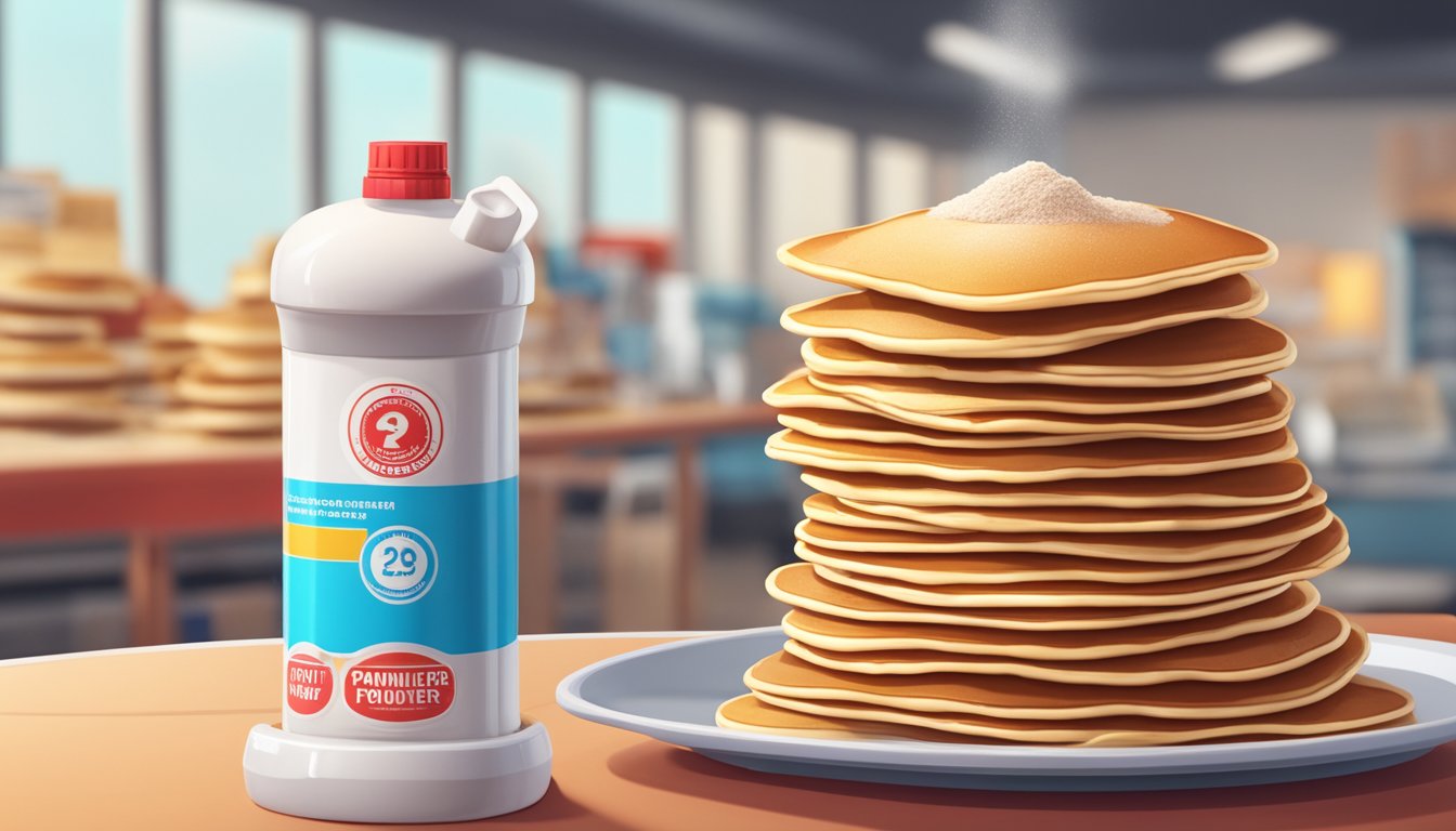 A stack of pancakes with a large protein powder container looming over it, while a red warning sign flashes in the background