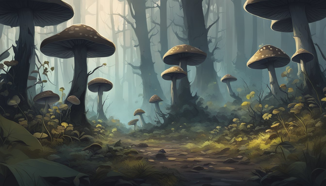 A dark and ominous forest with toxic-looking mushrooms sprouting from the ground, surrounded by dead and decaying plant life