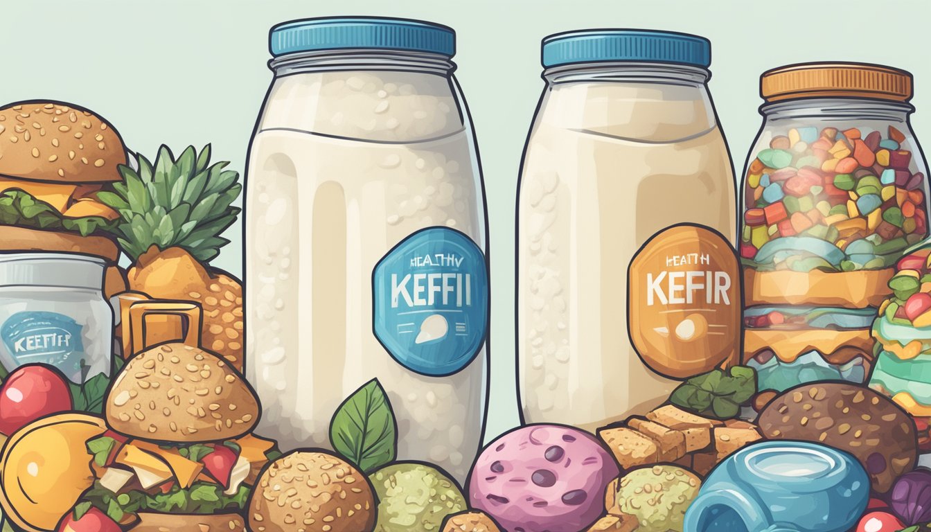 A glass of kefir surrounded by junk food and a "healthy" label crossed out