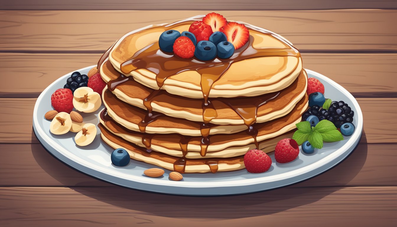 A stack of protein-fortified pancakes with a variety of toppings, including berries, nuts, and syrup, sits on a rustic wooden table