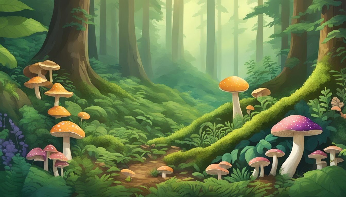 A serene forest clearing with various types of mushrooms growing among vibrant green foliage, while a bottle of adaptogenic mushroom powder sits ominously in the foreground