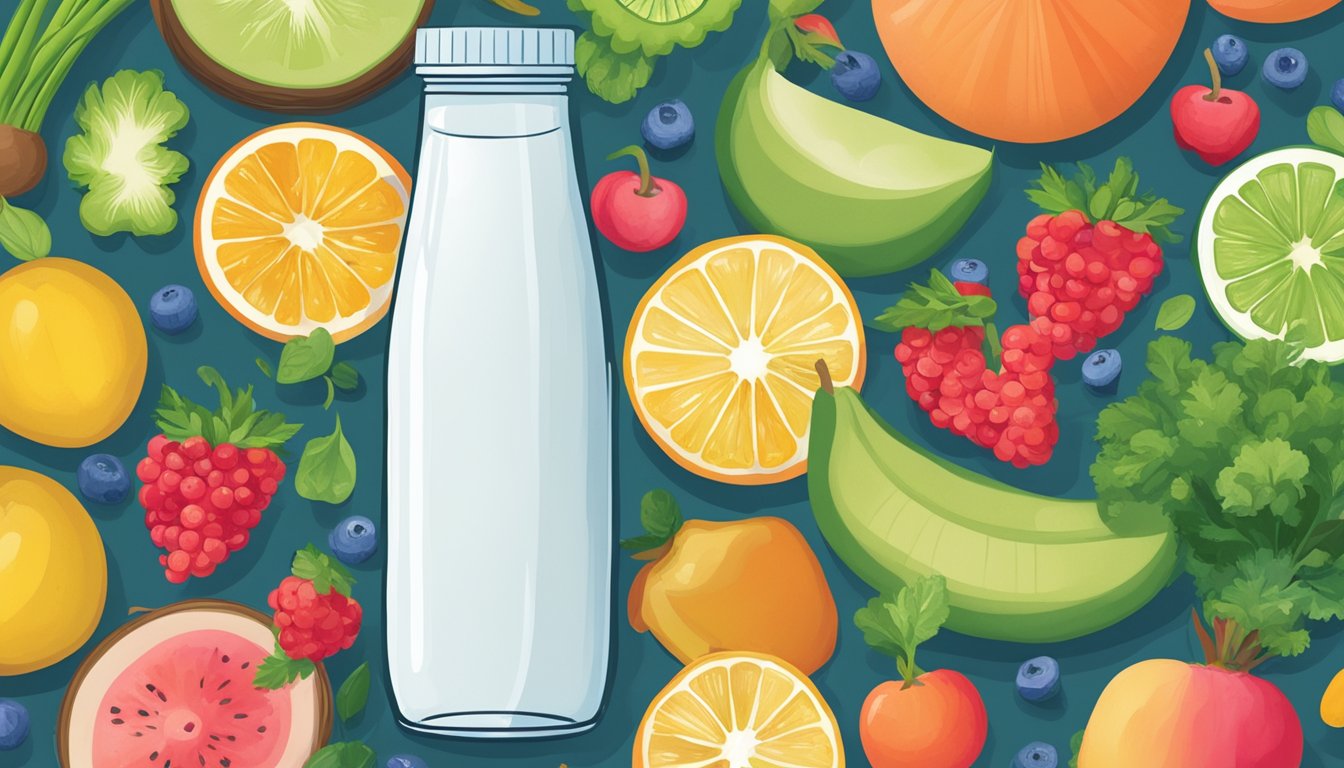 A glass of kefir surrounded by vibrant fruits and vegetables, with a bold "Not Healthy" stamp overlaid on top