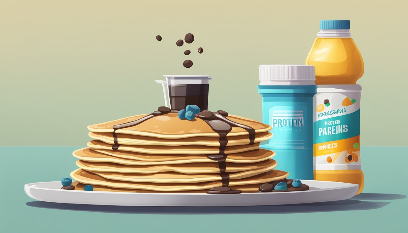 A stack of protein pancakes with a warning sign and a pile of unhealthy additives next to it