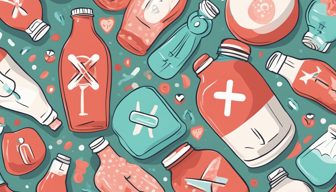 A bottle of kefir with a red "X" over it, surrounded by symbols representing potential health risks such as stomach pain, bloating, and allergic reactions