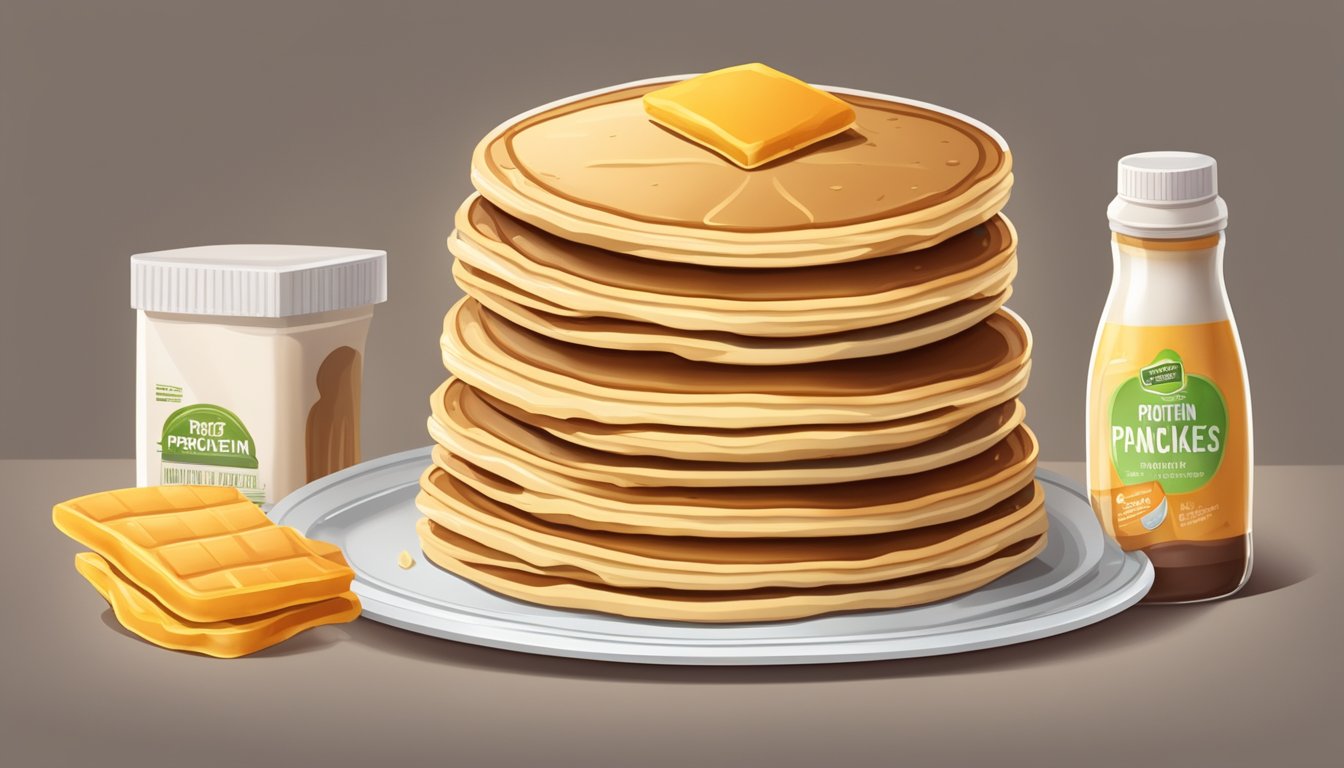 A stack of protein-fortified pancakes surrounded by unhealthy processed food packaging and a lack of fresh, natural ingredients