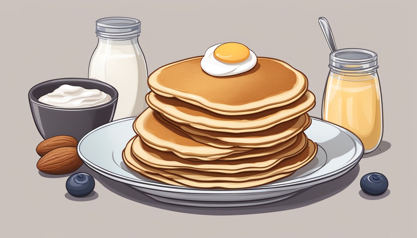 A stack of pancakes made with protein-fortified mix next to a pile of alternative protein sources like eggs, nuts, and Greek yogurt