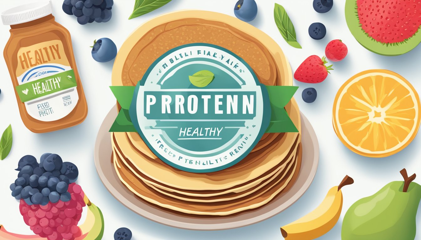 A stack of protein-fortified pancakes sits next to a pile of fresh fruit, with a label emphasizing "healthy" in bold letters