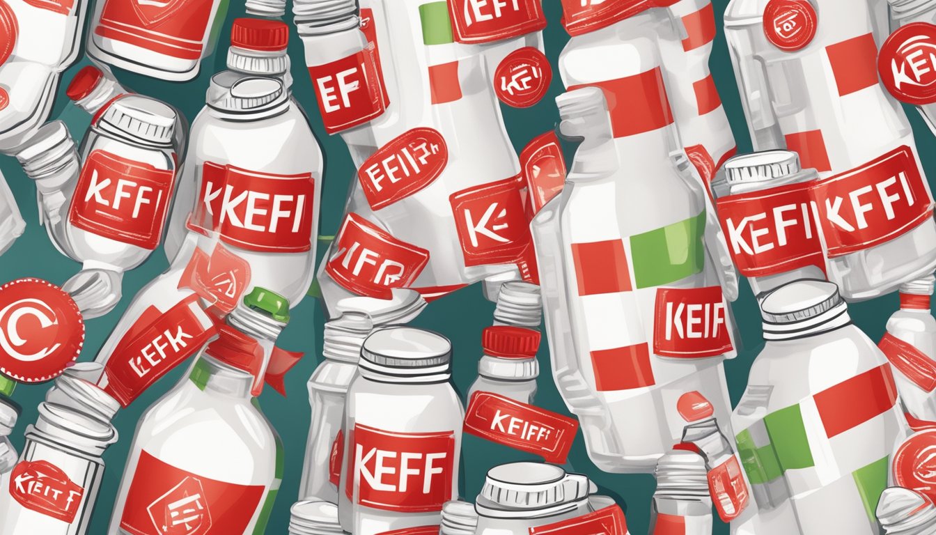 A carton of kefir surrounded by red warning signs and crossed-out symbols