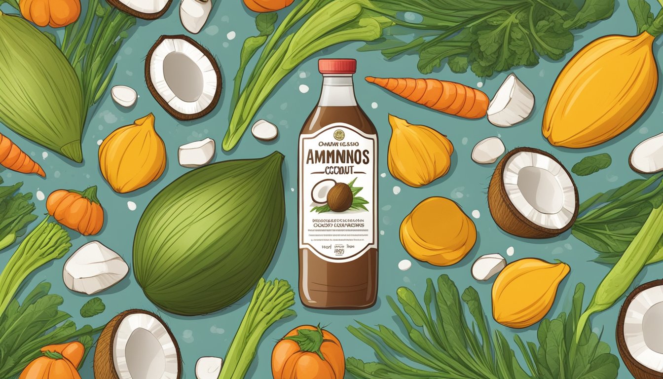 A bottle of coconut aminos surrounded by wilted vegetables and a warning label