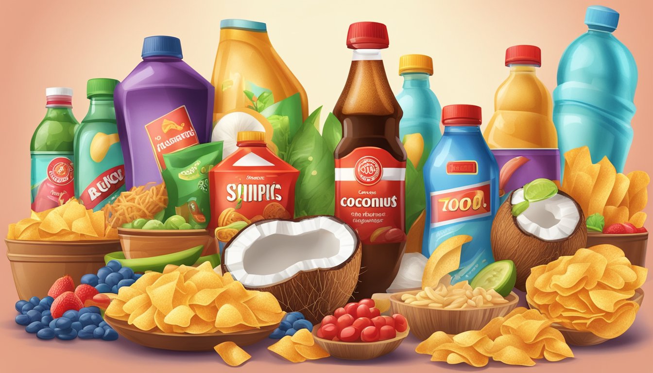 A bottle of coconut aminos surrounded by unhealthy food items like chips, processed snacks, and sugary drinks, with a red warning sign in the background