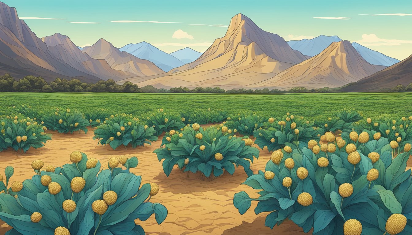 A vibrant field of maca plants with towering mountains in the background, under a clear blue sky