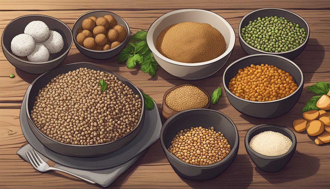 A variety of vegan protein sources such as beans, lentils, quinoa, and tofu spread out on a wooden table, with a plate of unhealthy vegan protein balls in the background