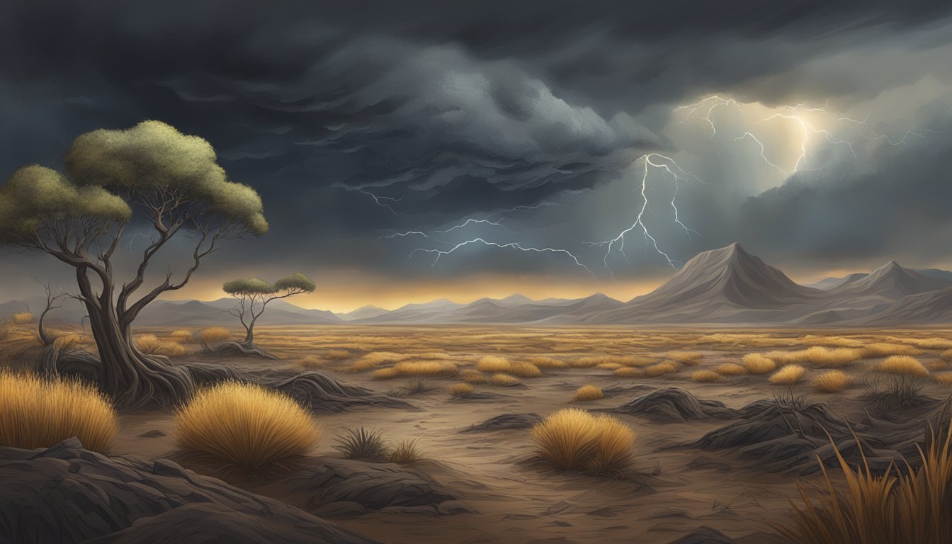 A dark, stormy sky looms over a barren landscape, with wilted plants and sickly animals, symbolizing the adverse effects of maca powder on health