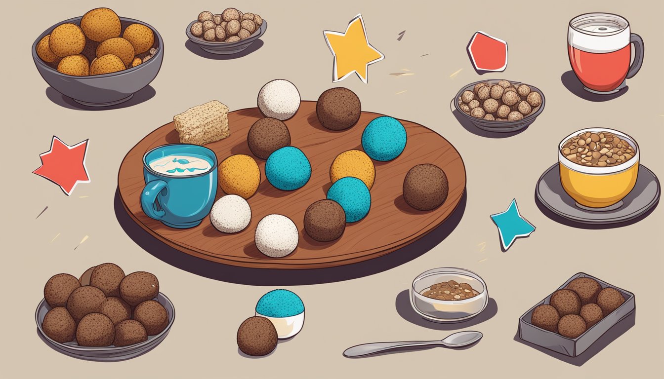 A table filled with vegan protein balls, surrounded by warning signs and red X's