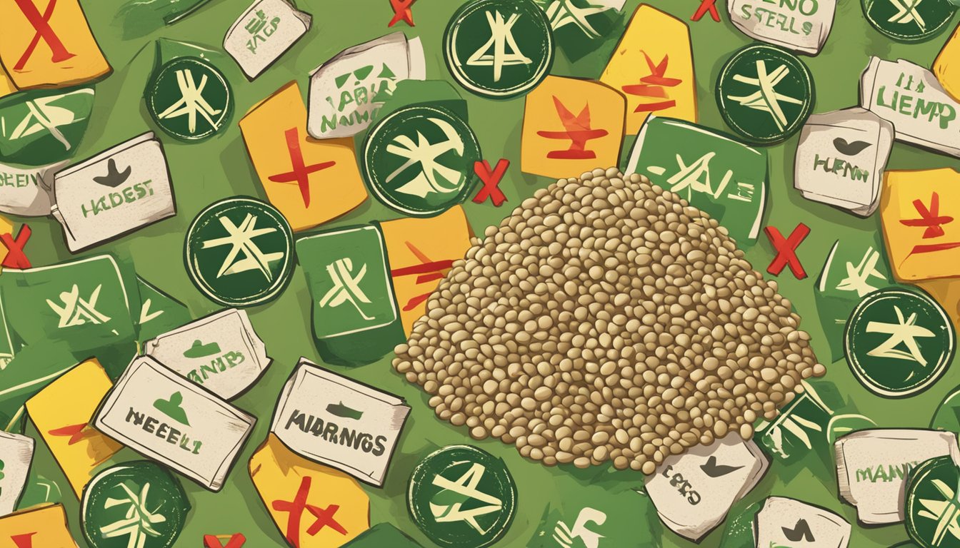 A pile of hemp seeds surrounded by warning signs and red X marks