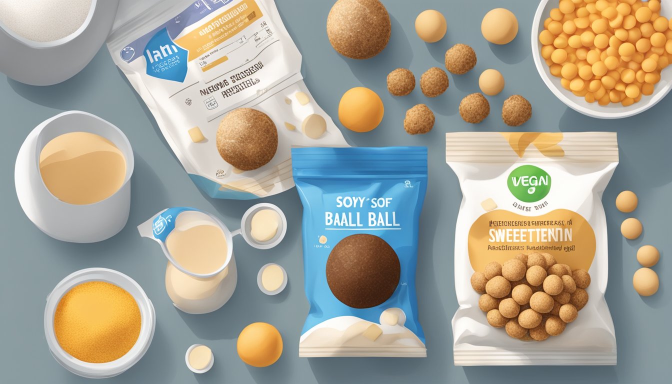 A table with various ingredients laid out, including processed soy and artificial sweeteners. A stack of vegan protein balls sits next to a nutrition label, revealing high levels of sugar and additives