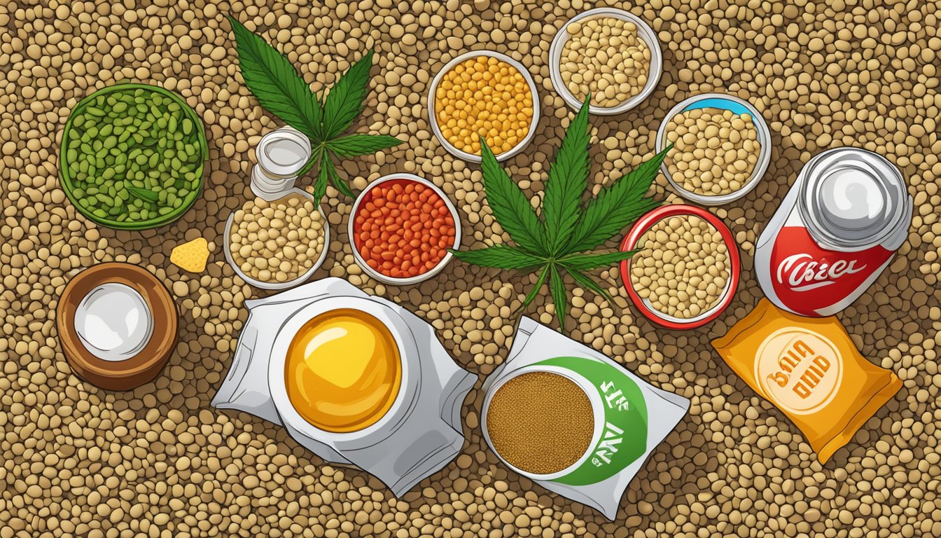 A pile of hemp seeds surrounded by unhealthy food items like chips and soda, with a red "X" over the hemp seeds