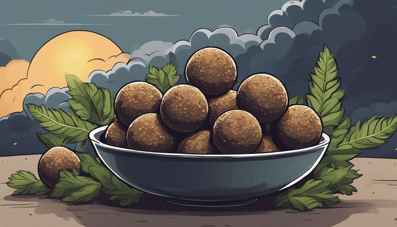 A pile of vegan protein balls with a dark, ominous cloud looming overhead, while a neglected plant wilts in the background