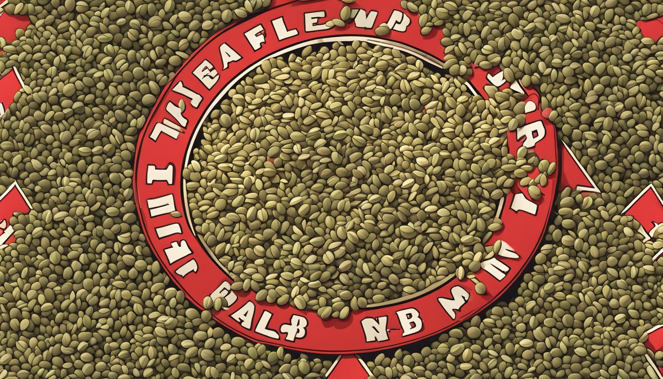 A pile of hemp seeds surrounded by warning signs and a red "X" mark