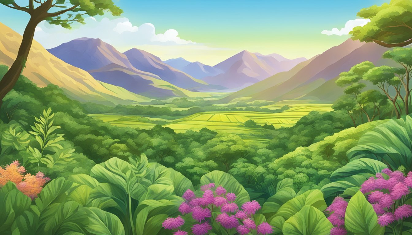 A lush, mountainous landscape with maca plants in the foreground, surrounded by other vegetation. The sky is clear and the sun is shining, creating a vibrant and healthy atmosphere