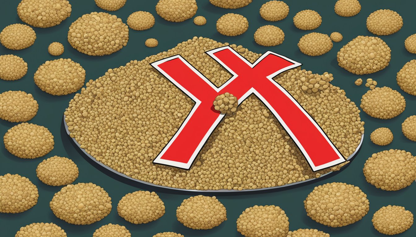 A pile of hemp seeds surrounded by warning signs and a red "X" symbol