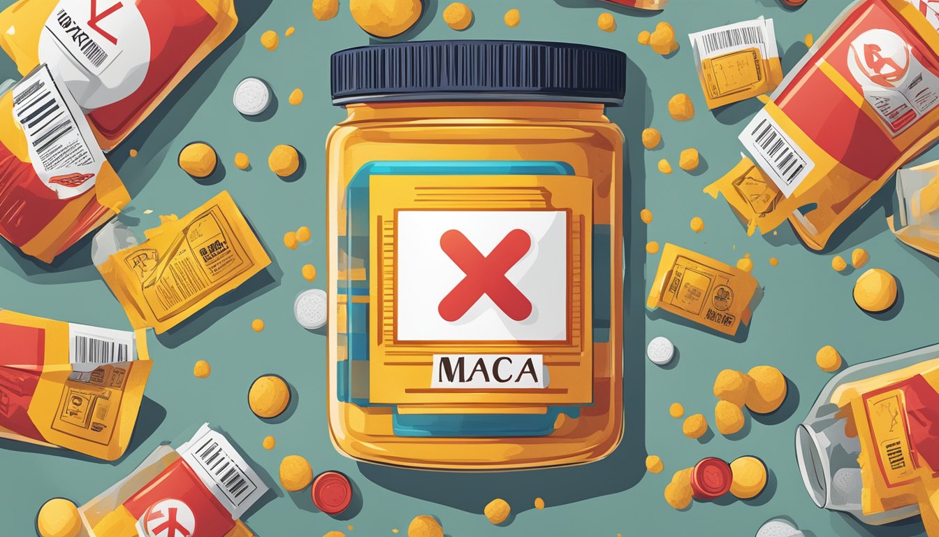 A jar of maca powder spills over, surrounded by warning signs and a red "X"