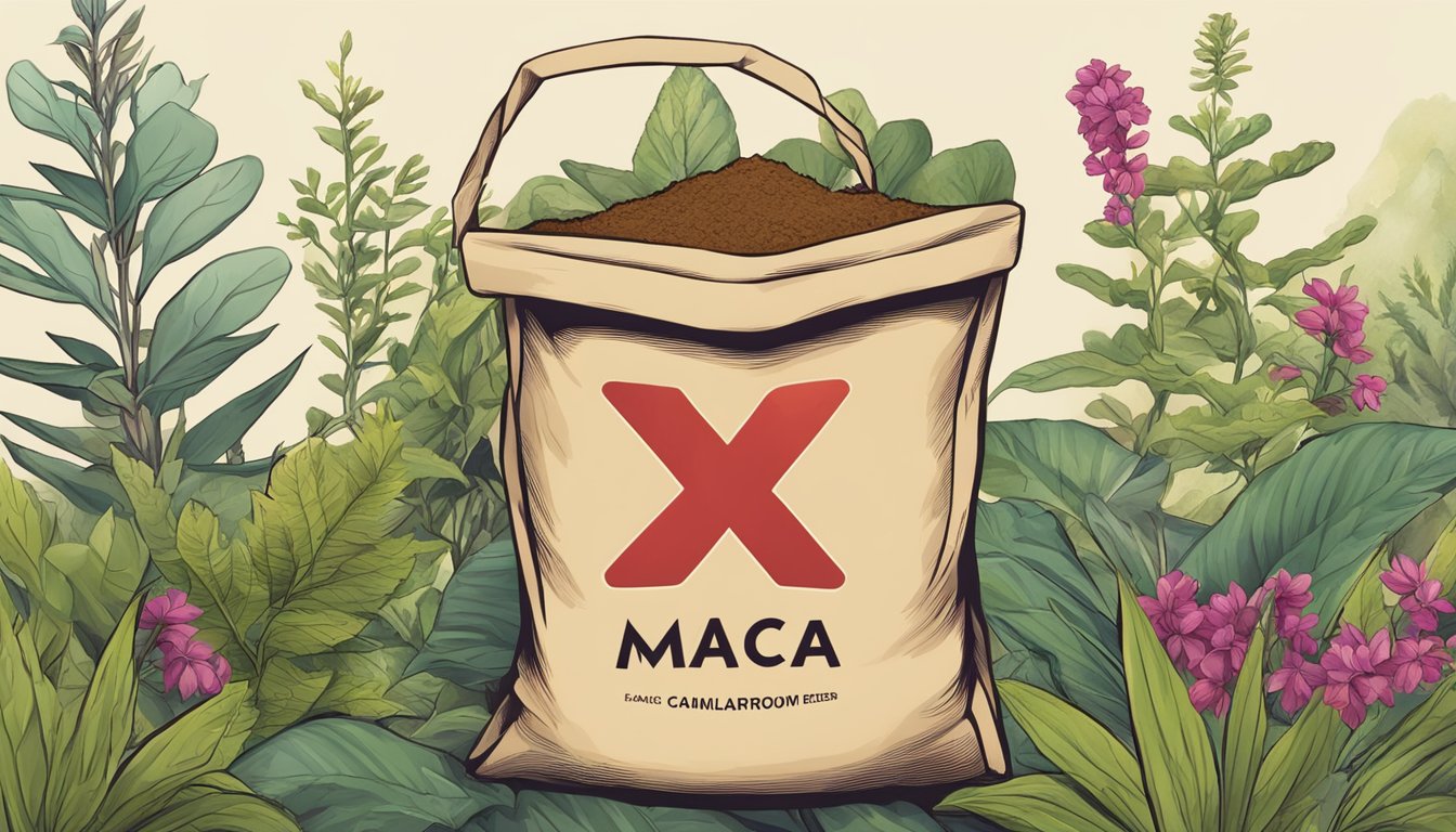 A bag of maca powder with a large red "X" over it, surrounded by wilted and unhealthy-looking plants