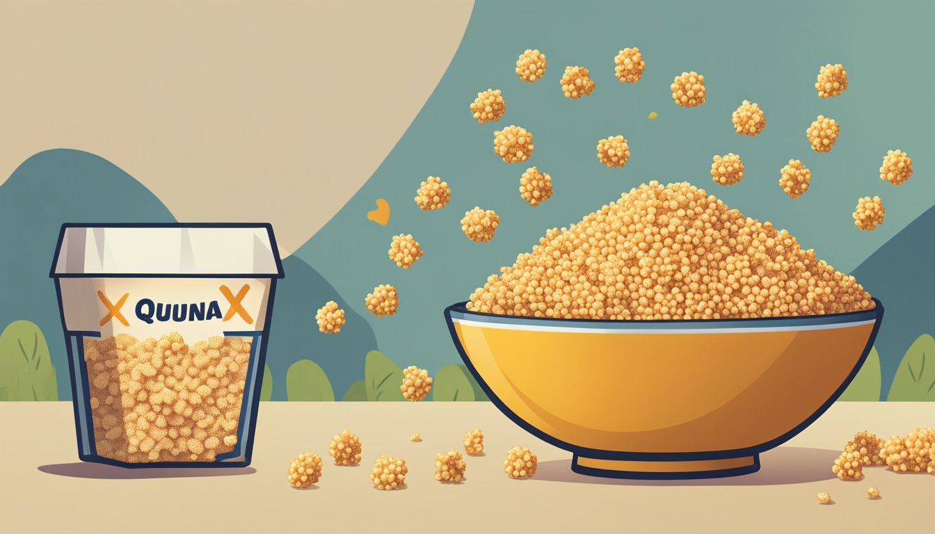 A bowl of puffed quinoa snacks next to a pile of fresh quinoa, with a bold "X" over the snacks