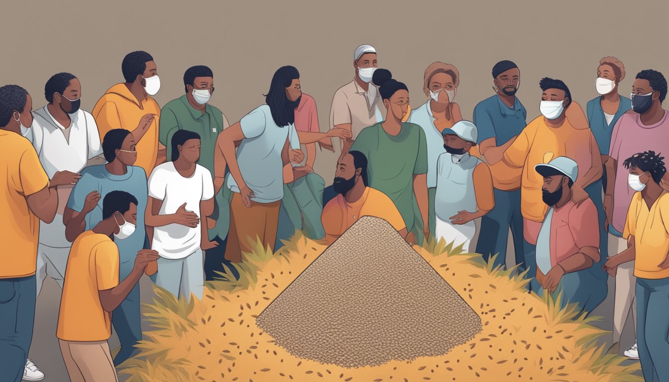 A group of diverse individuals with various health conditions avoiding a pile of hemp seeds, while a warning sign is displayed nearby