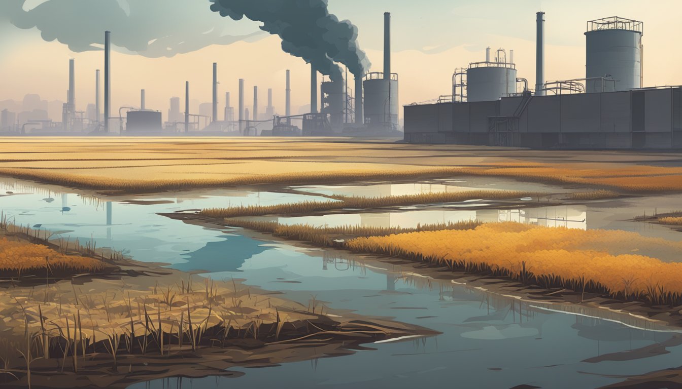 A barren field of dead crops surrounded by polluted water and industrial buildings