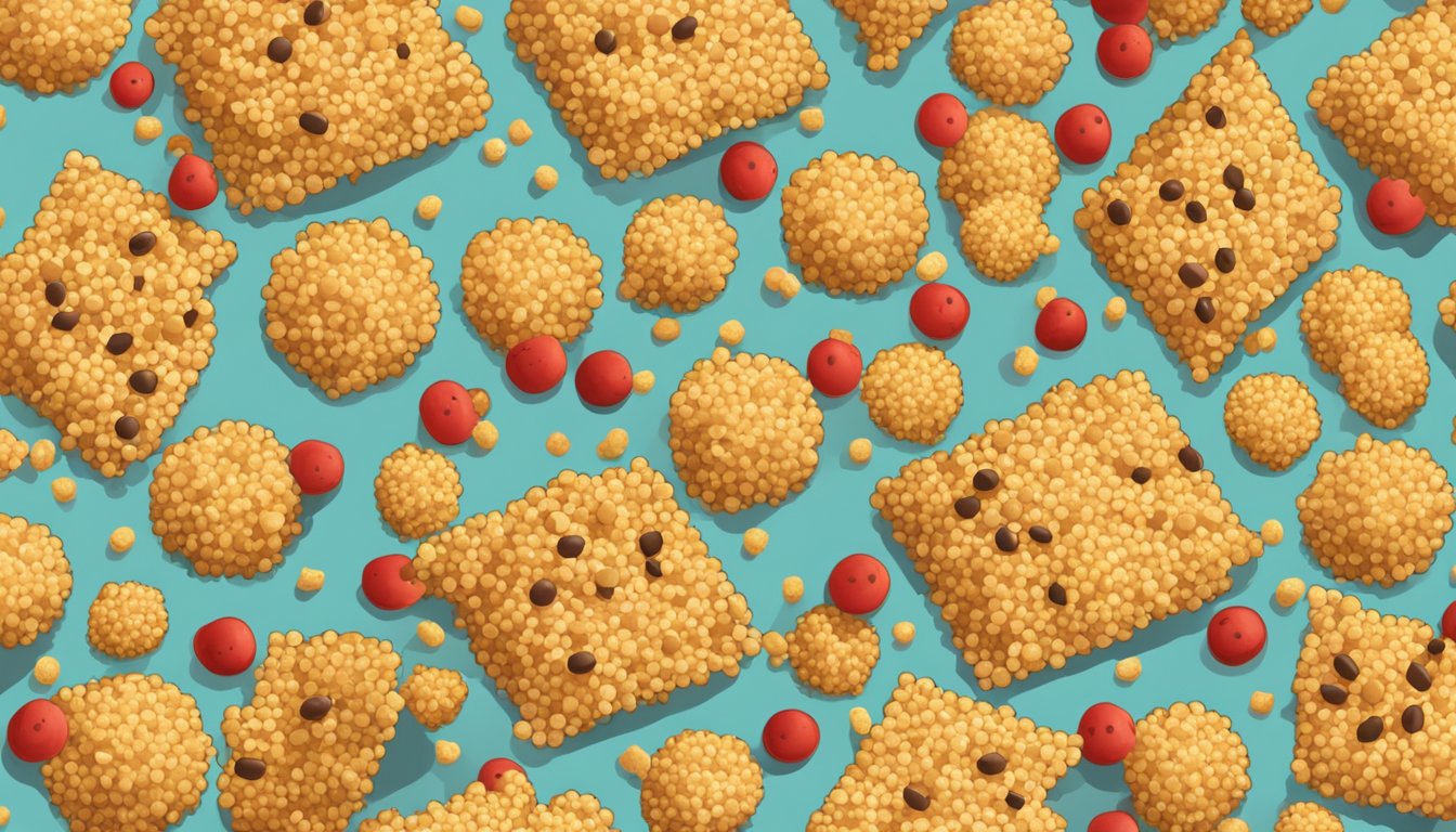 A pile of puffed quinoa snacks surrounded by warning signs and red X marks