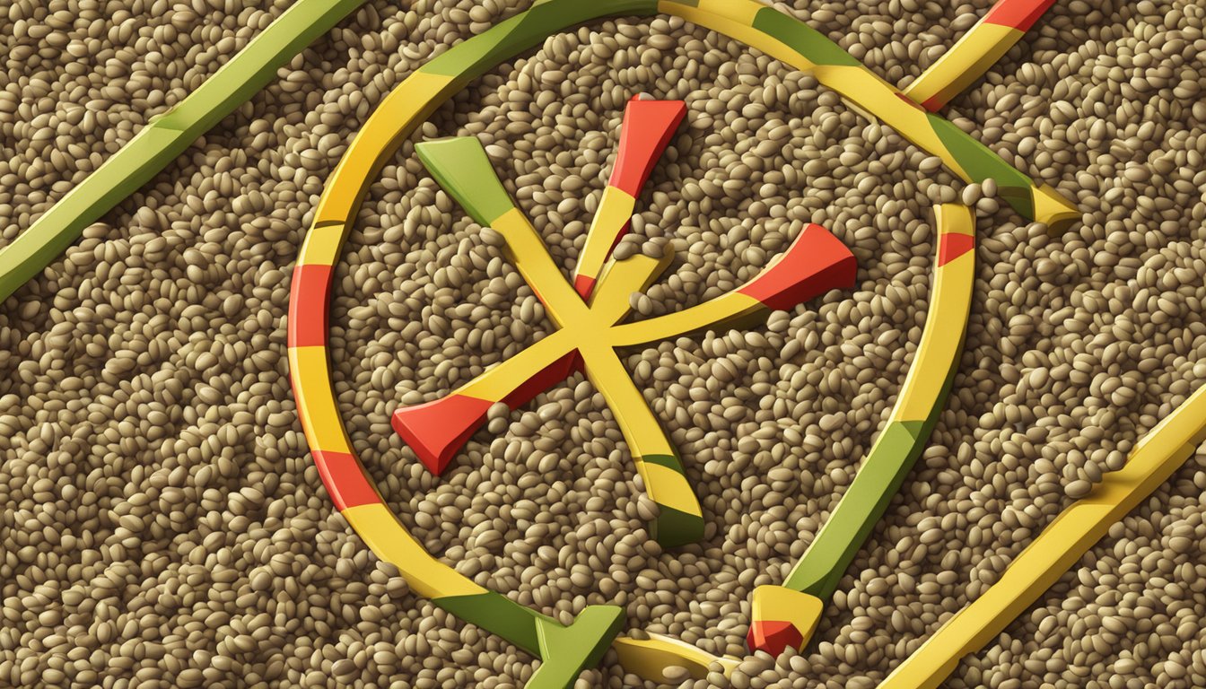 A pile of hemp seeds surrounded by warning signs and red X marks