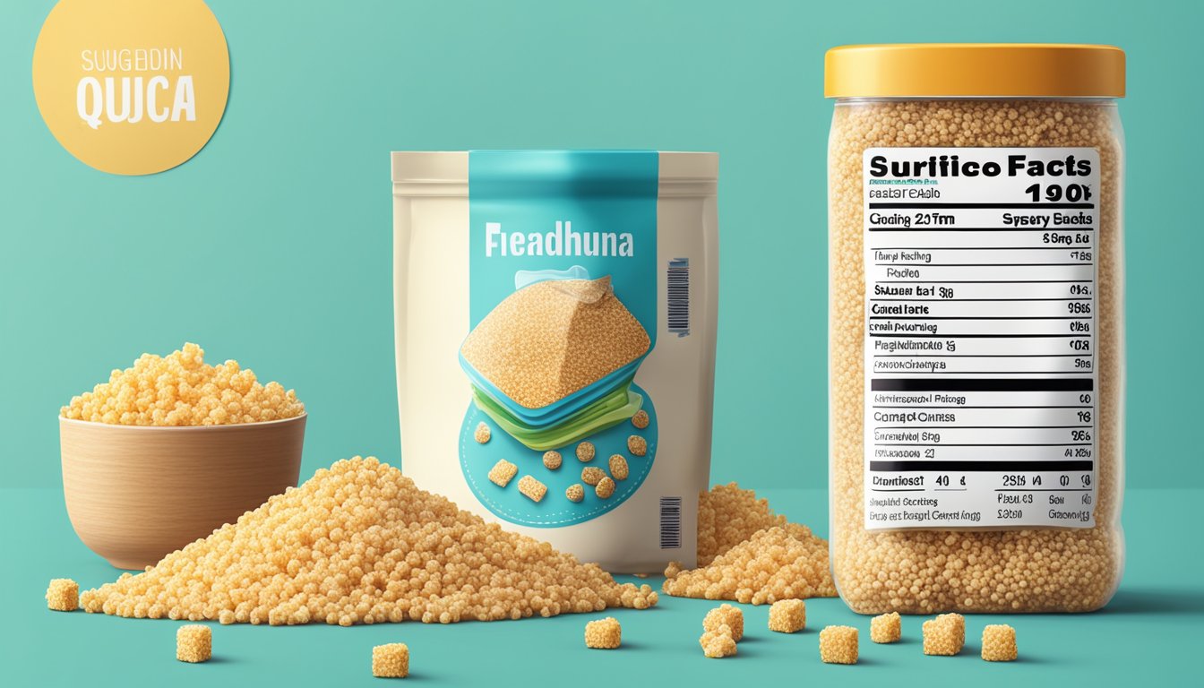 A pile of puffed quinoa snacks next to a nutrition label, surrounded by sugary drinks and unhealthy snacks