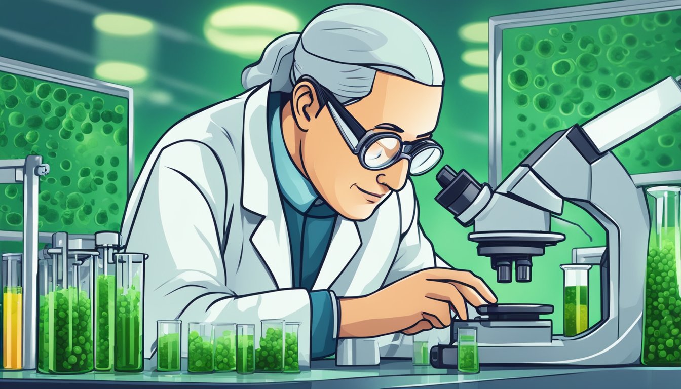 A laboratory setting with test tubes and microscopes, a scientist examining Chlorella under a microscope, with caution signs warning of potential health risks