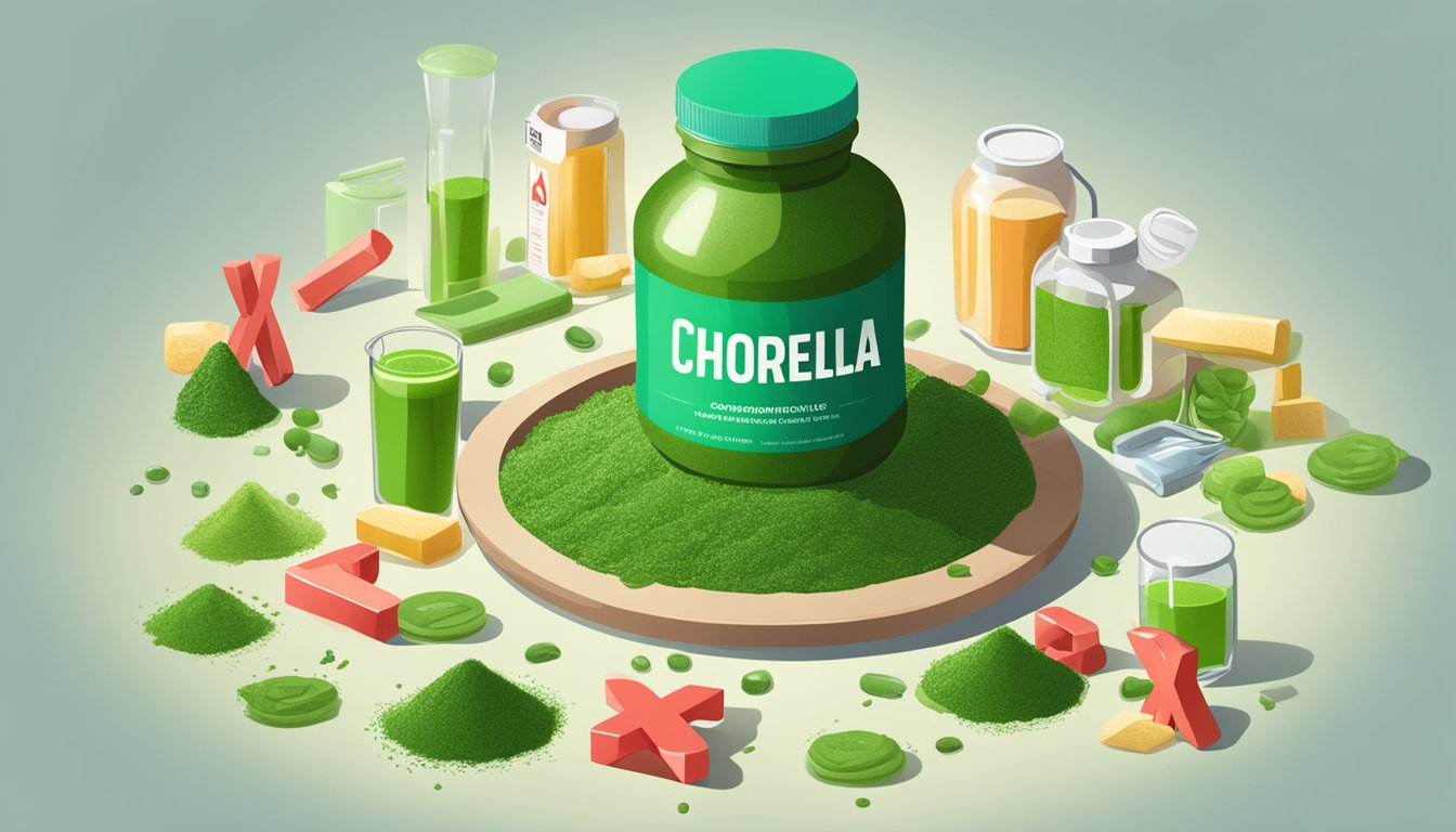 A pile of chlorella supplements surrounded by warning signs and red X marks. A healthy green smoothie sits untouched nearby