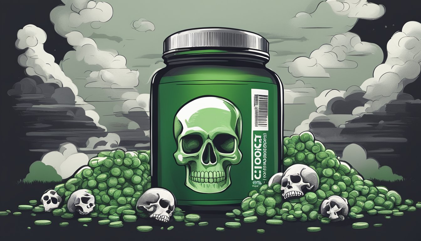 A dark, ominous cloud looms over a bottle of chlorella supplements, with warning signs and skulls scattered around it