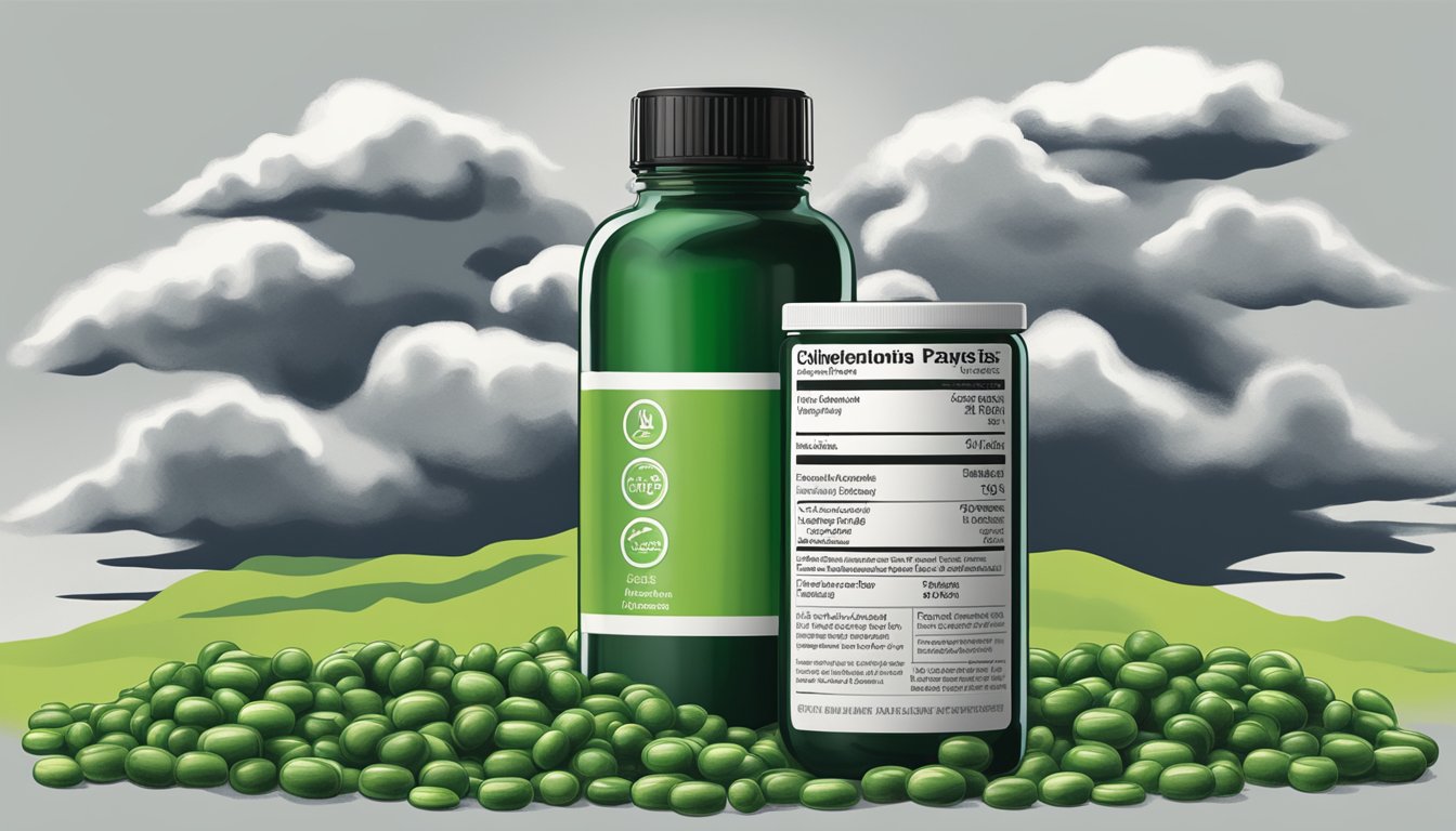 A dark, ominous cloud looms over a bottle of chlorella supplements, casting a shadow of doubt and warning. The label is marked with caution symbols