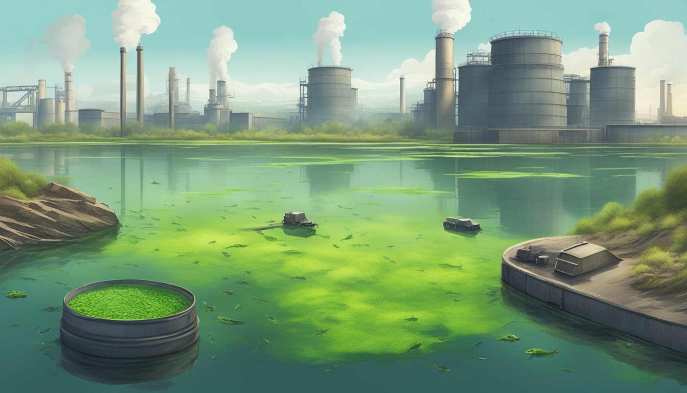 A polluted lake with dead fish and algae blooms, surrounded by industrial factories emitting toxic fumes into the air