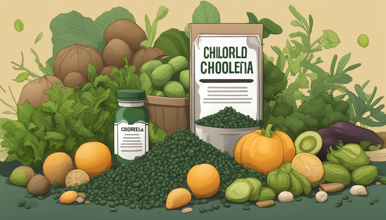 A pile of wilted, brown chlorella supplements sits next to a warning sign, surrounded by rotting fruits and vegetables