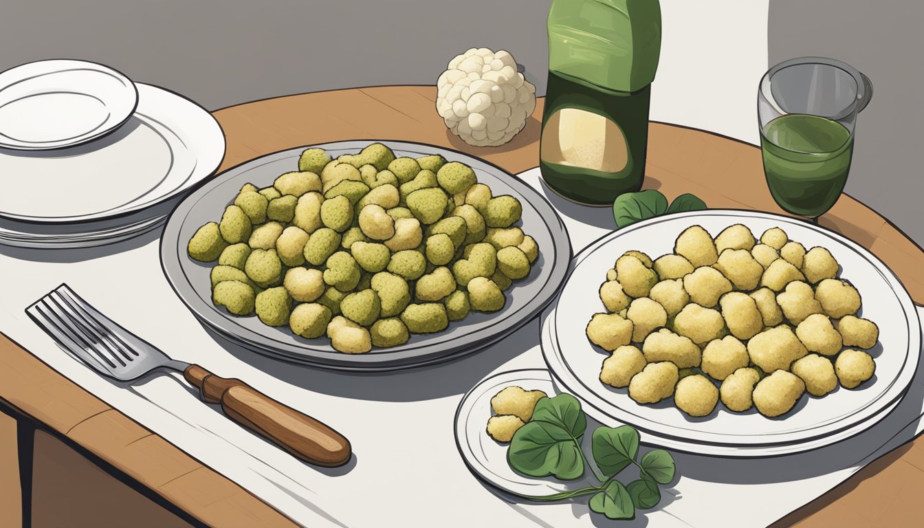 A table with a plate of traditional gnocchi next to a plate of cauliflower gnocchi. The traditional gnocchi is rich and hearty, while the cauliflower gnocchi appears less substantial