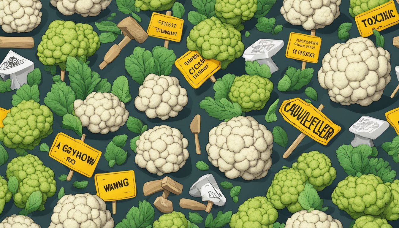 A pile of cauliflower gnocchi surrounded by warning signs and toxic symbols