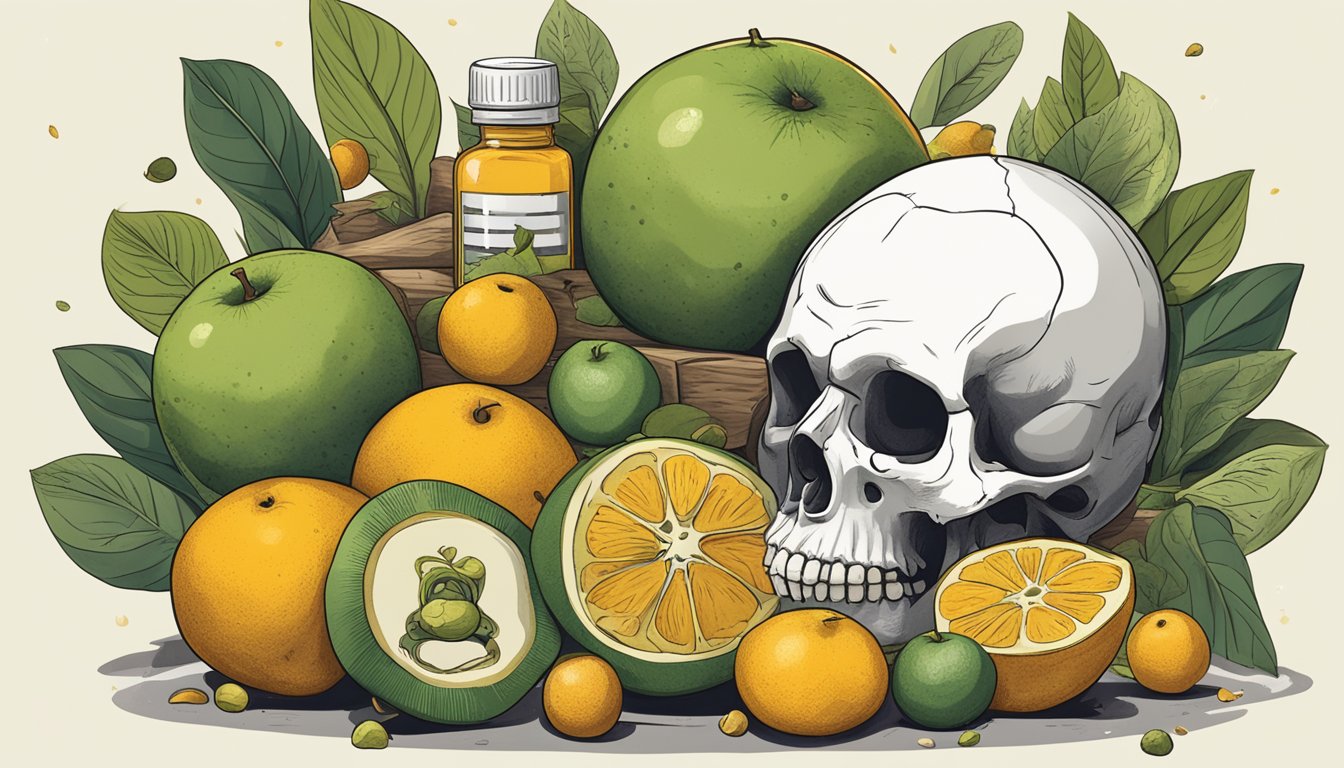 A pile of monk fruit surrounded by warning signs and a skull