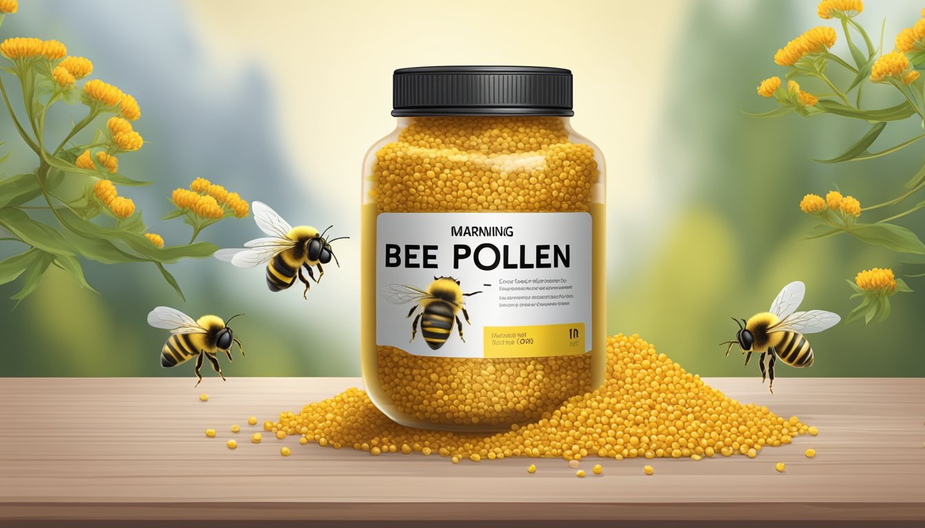 A jar of bee pollen with a warning label. Beehive in the background