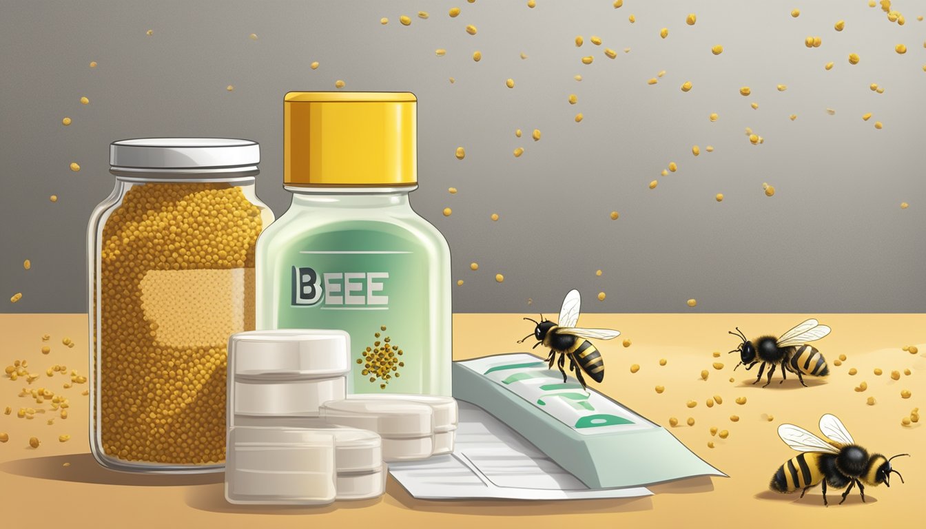 A jar of bee pollen sits next to a bottle of allergy medication, with a warning sign and a crossed-out bee symbol in the background