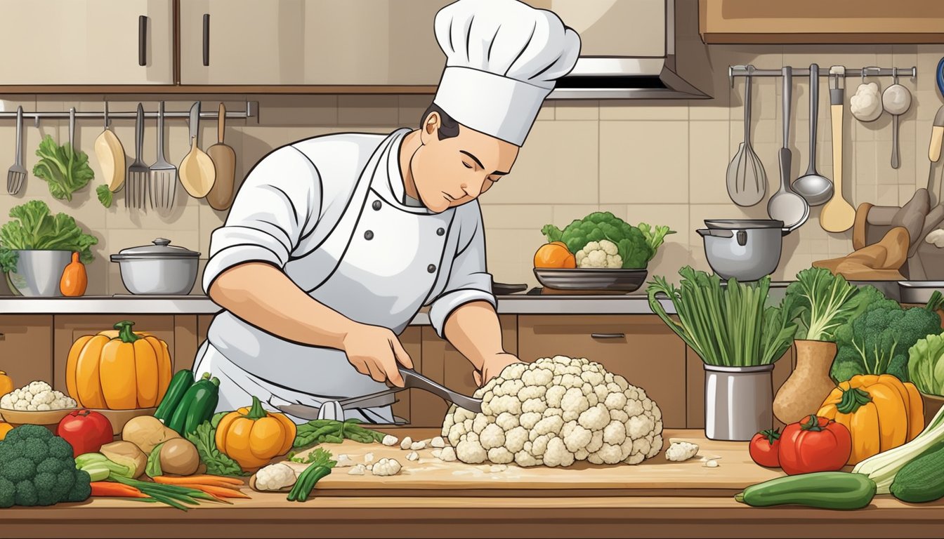 A bustling kitchen with a chef chopping fresh cauliflower and kneading dough, surrounded by colorful vegetables and cooking utensils