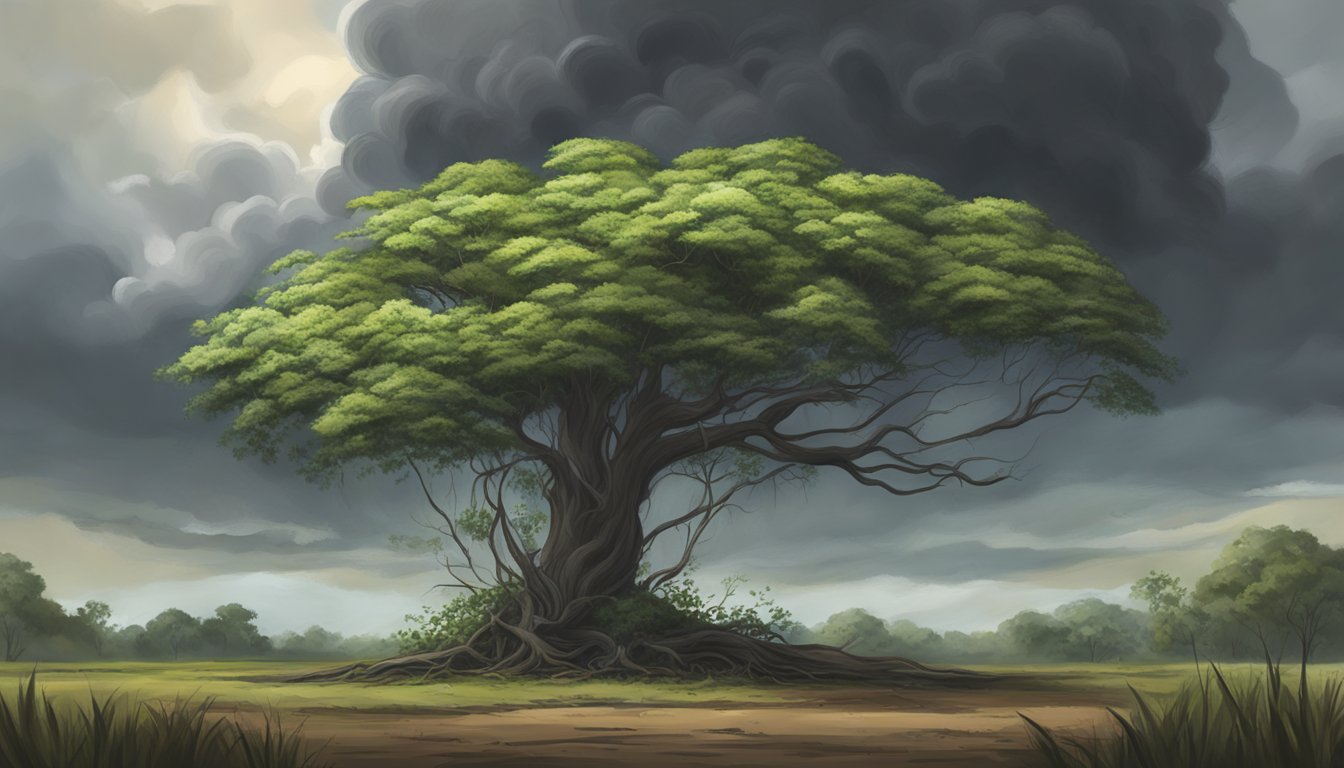 A dark storm cloud hovers over a wilted moringa tree, while nearby plants show signs of distress