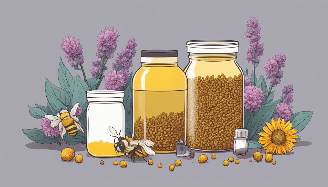 A jar of bee pollen sits next to wilted flowers and rotting fruit, surrounded by empty supplement bottles and a disappointed expression