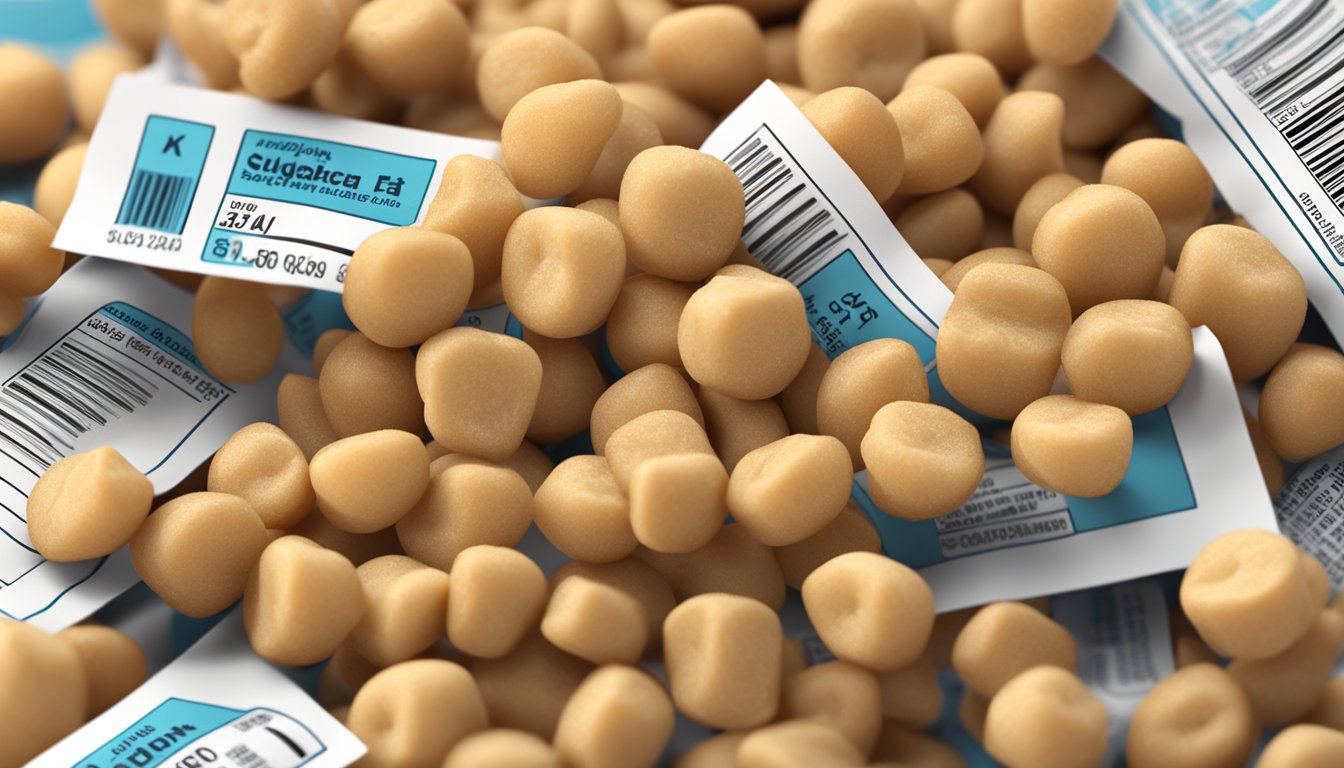 A pile of chickpea snacks next to a nutrition label showing high levels of sodium, saturated fat, and added sugars