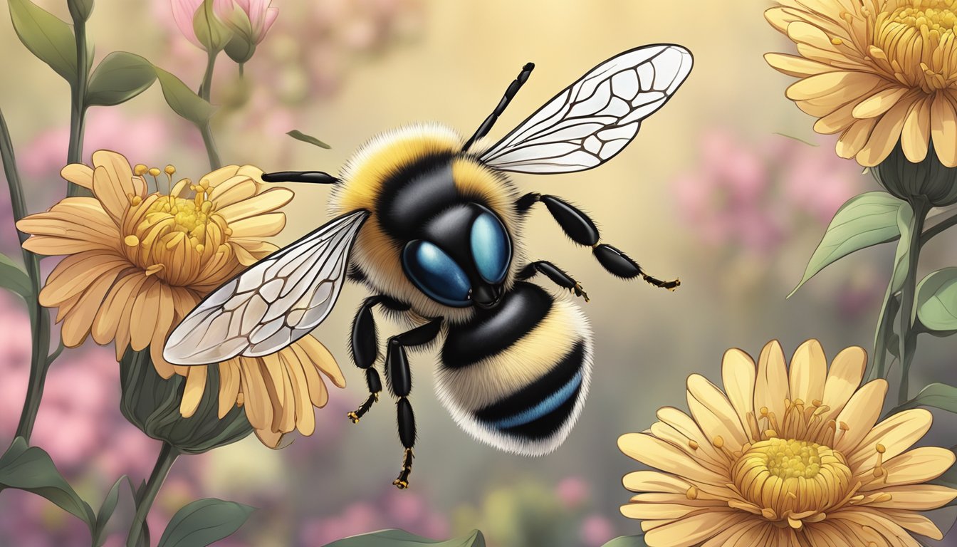 A bee hovering over a blooming flower, collecting pollen